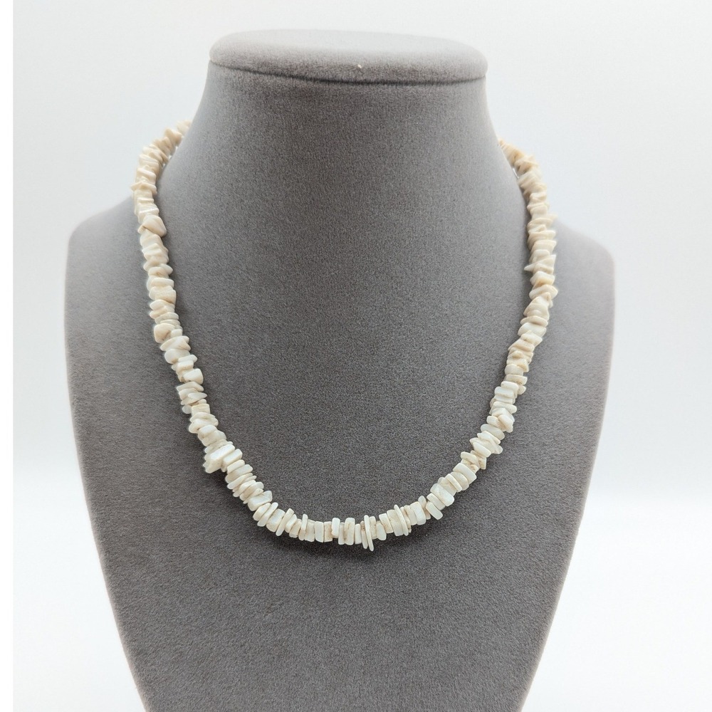Vintage White Puka Shell Chip Necklace 16 Inch Barrel Clasp Coastal Surfer Style